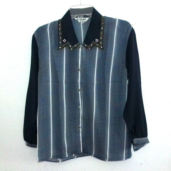 WangShiLi, Blue/white long sleeve shirt, with crystals/sequins design - Picture 2 of 11